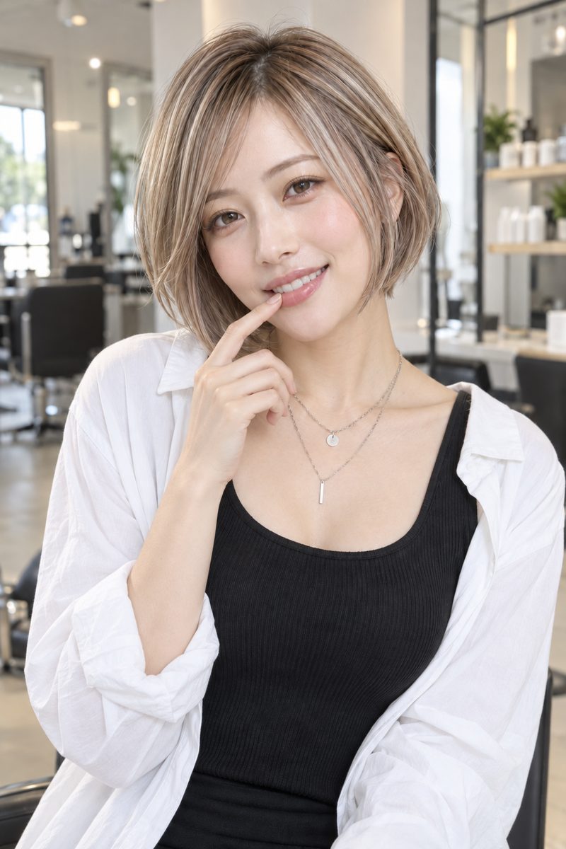 上半身のポーズ:人差し指を口元に(AI生成・架空のモデル)