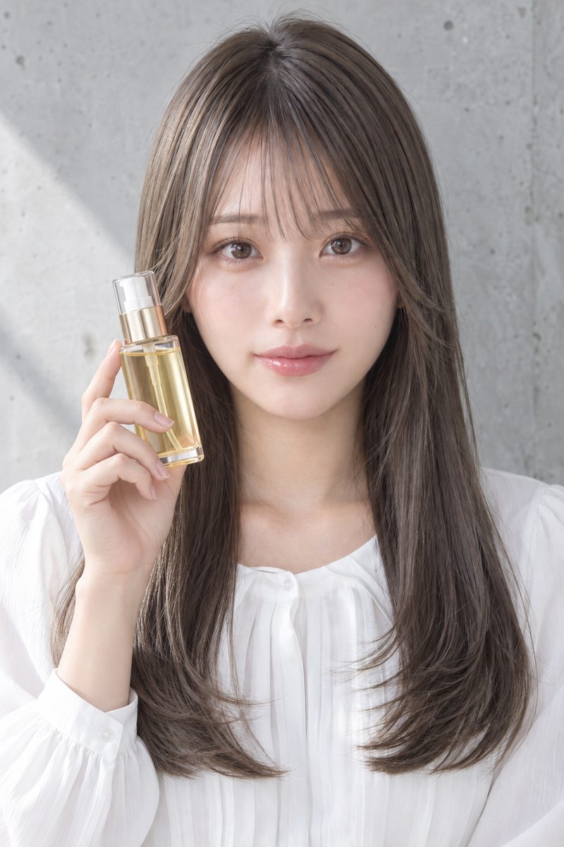 商品を持つ:無地のヘアオイルボトル(AI生成・架空のモデル)