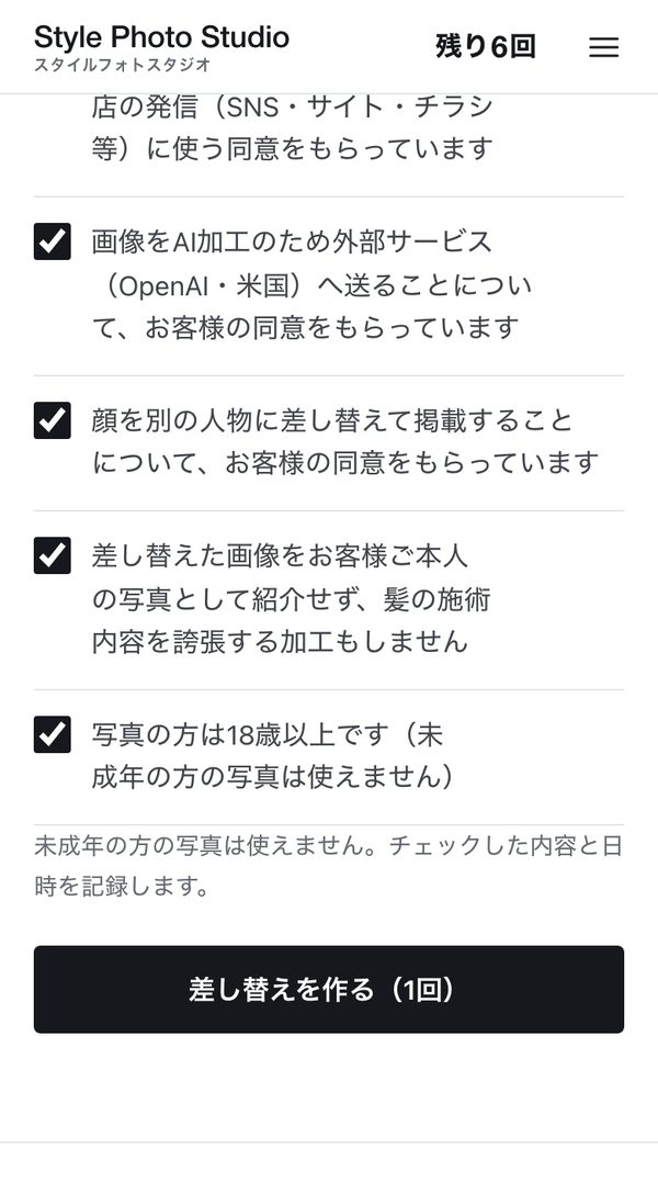 スタイルフォトスタジオの画面:すべてにチェックすると「差し替えを作る(1回)」を押せます