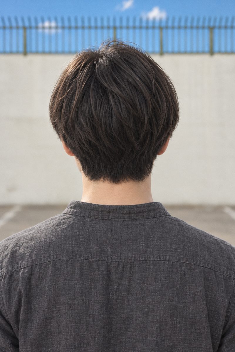 背景を日なたのコンクリート塀、服をリネンのヘンリーネックに変えた後ろ(AI生成・架空のモデル)