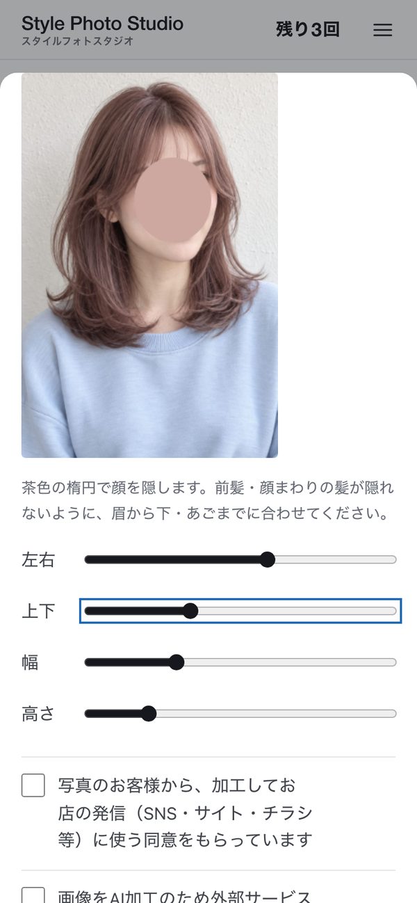 スタイルフォトスタジオの画面：顔を隠す範囲の調整（この画面の写真はAIで作った見本です）（写っている人物はAI生成・架空のモデル）