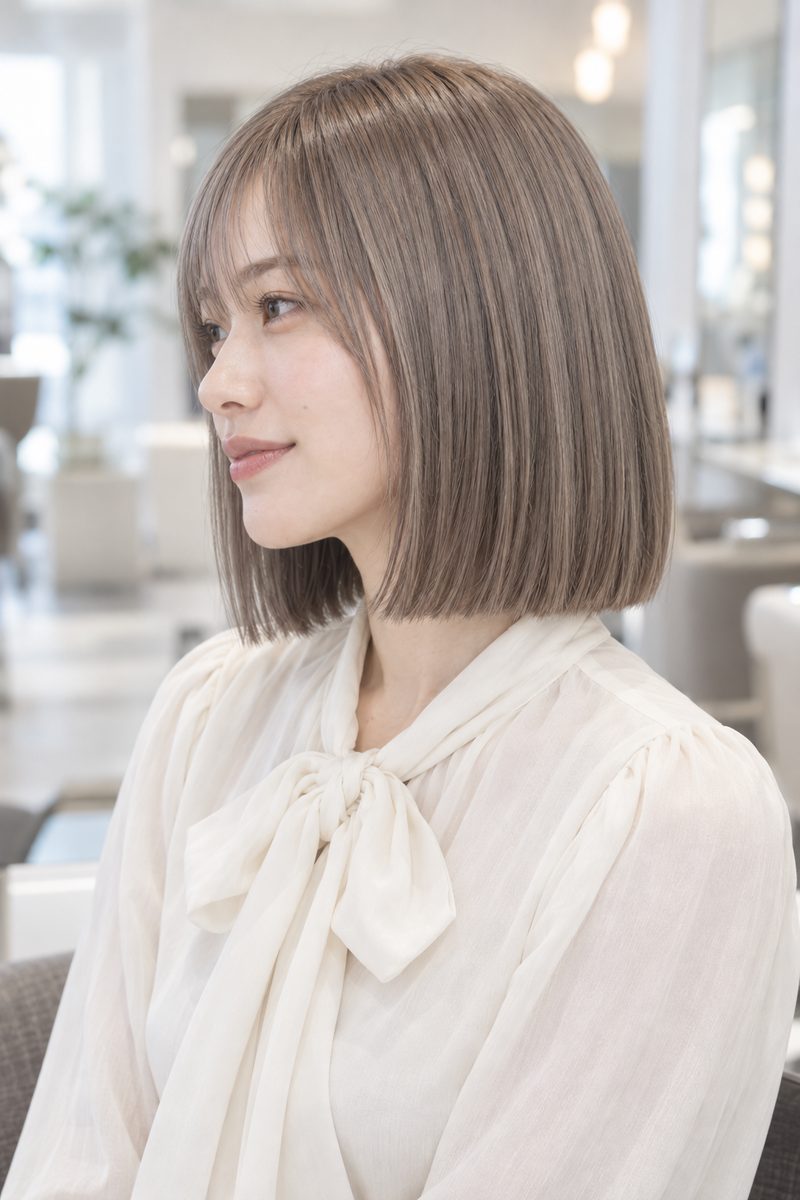 切りっぱなしボブ × グレージュの横(AI生成)