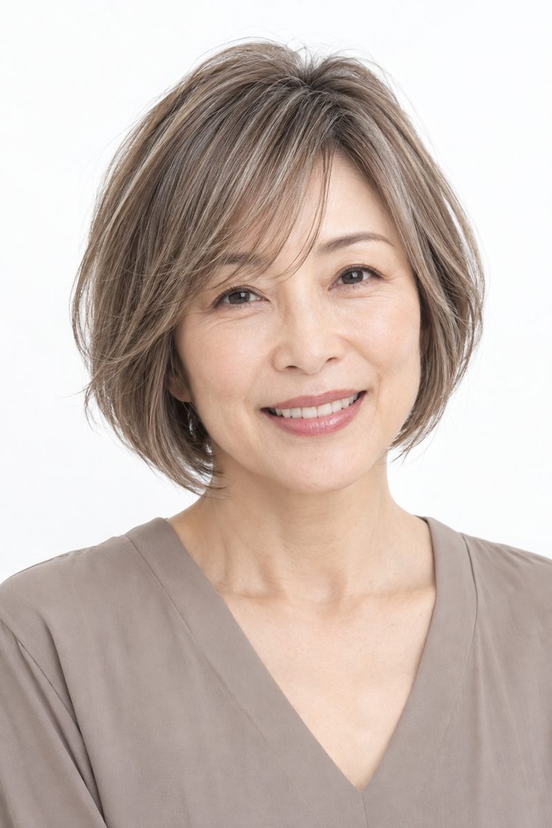前下がりショートボブ × 白髪ぼかしの正面(AI生成)