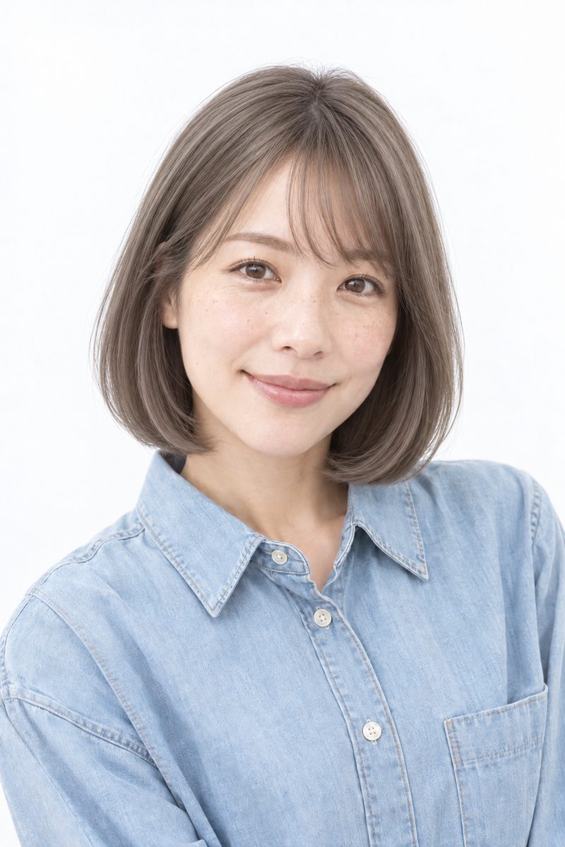 大人ボブ × ミルクティーベージュをアッシュ・ナチュラルにした正面(AI生成)