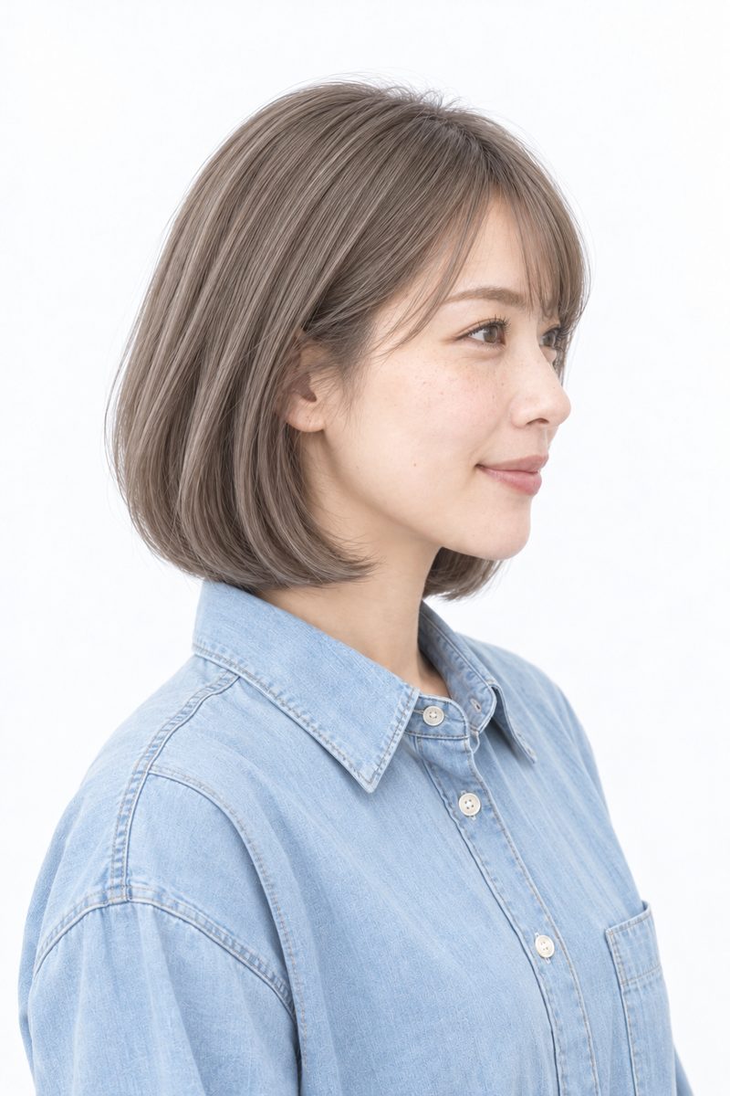 大人ボブ × ミルクティーベージュをアッシュ・ナチュラルにした横(AI生成)