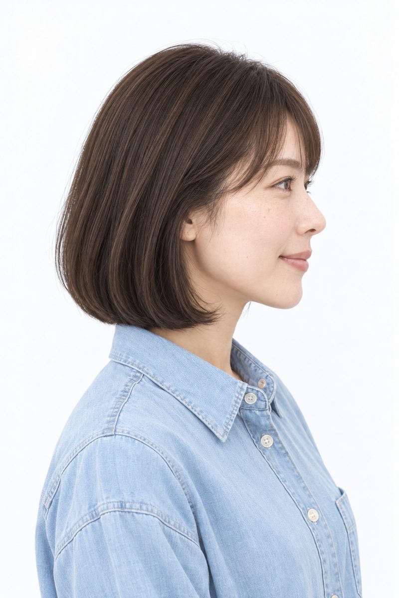 大人ボブ × ミルクティーベージュをブラウン・暗めにした横(AI生成)