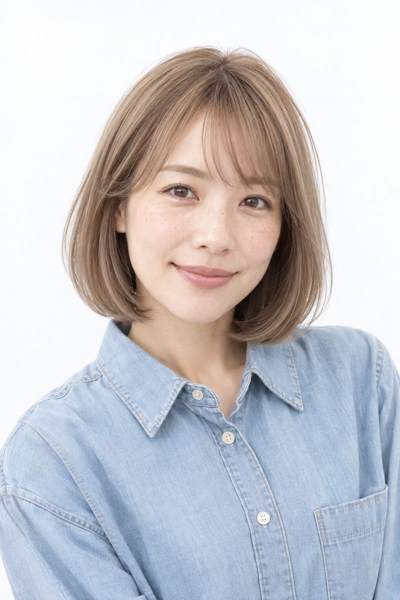 大人ボブ × ミルクティーベージュの正面(AI生成)